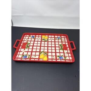Temptations Spring Red Checkered Serving Tray Raised Fruits Handled Ceramic